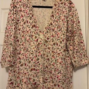 Eddie Bauer Button-Up Floral Blouse - Pink, Orange, Green on Cream